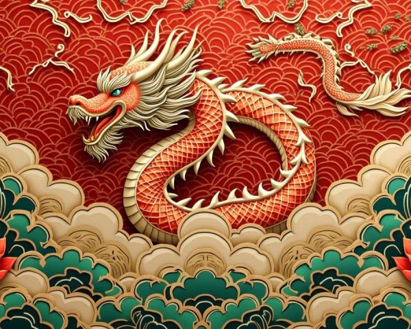Majestic dragon amidst vibrant clouds and lotus flowers