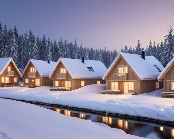 Wooden Cottages in Snowy Landscape at Twilight