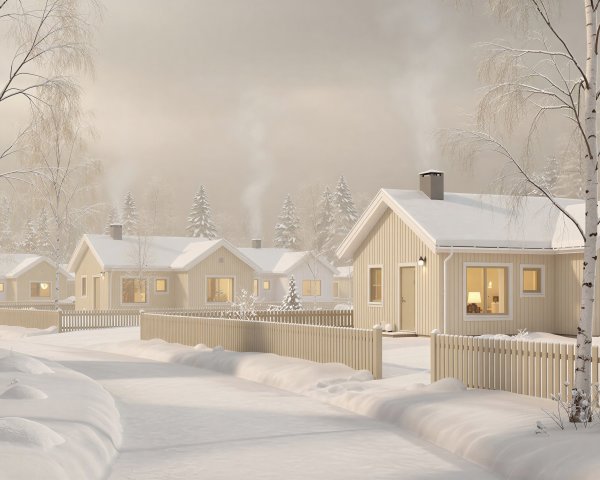Winter Village with Beige Houses and Snowy Landscape