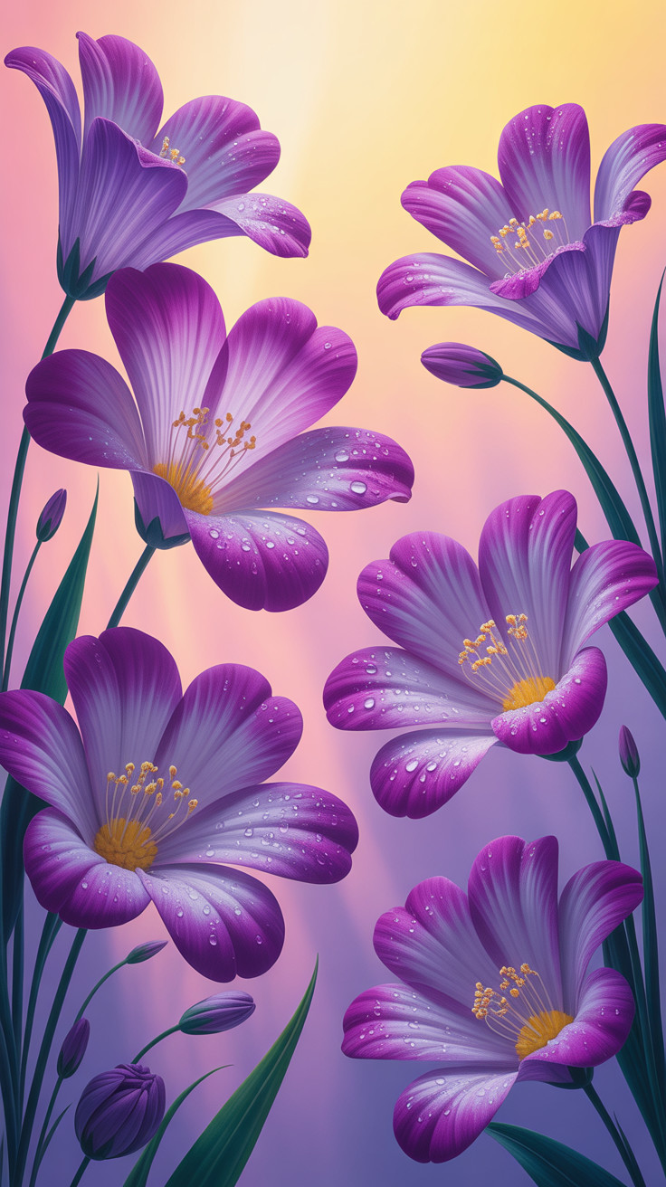 Vibrant Purple Flowers with Dewdrops and Pastel Background