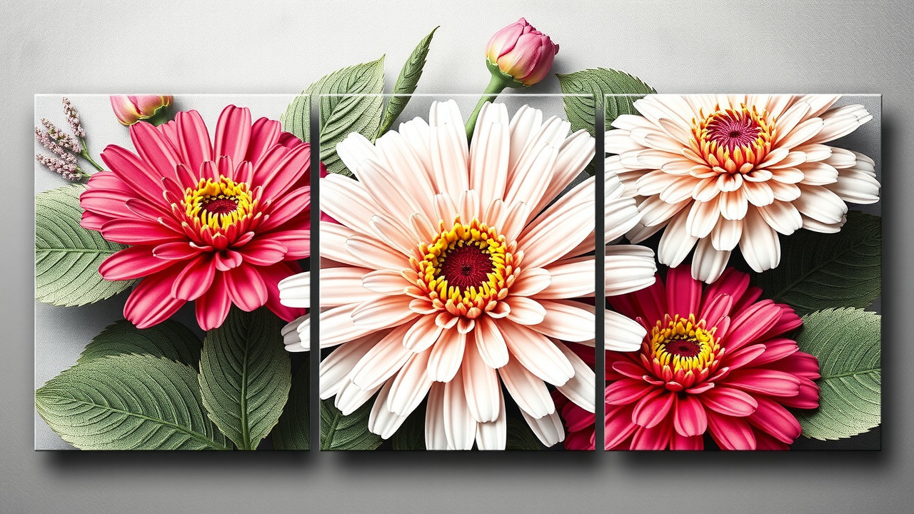 Vibrant Triptych of Blooming Flowers and Green Leaves