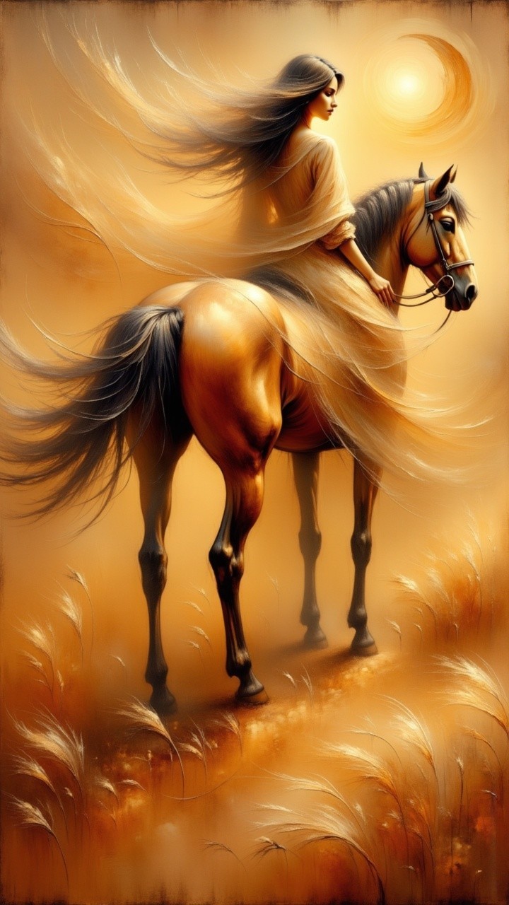 Woman on Horse in Golden Landscape at Sunset