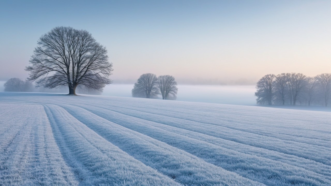 Winter Landscape with Frosted Crops and Pastel Sky