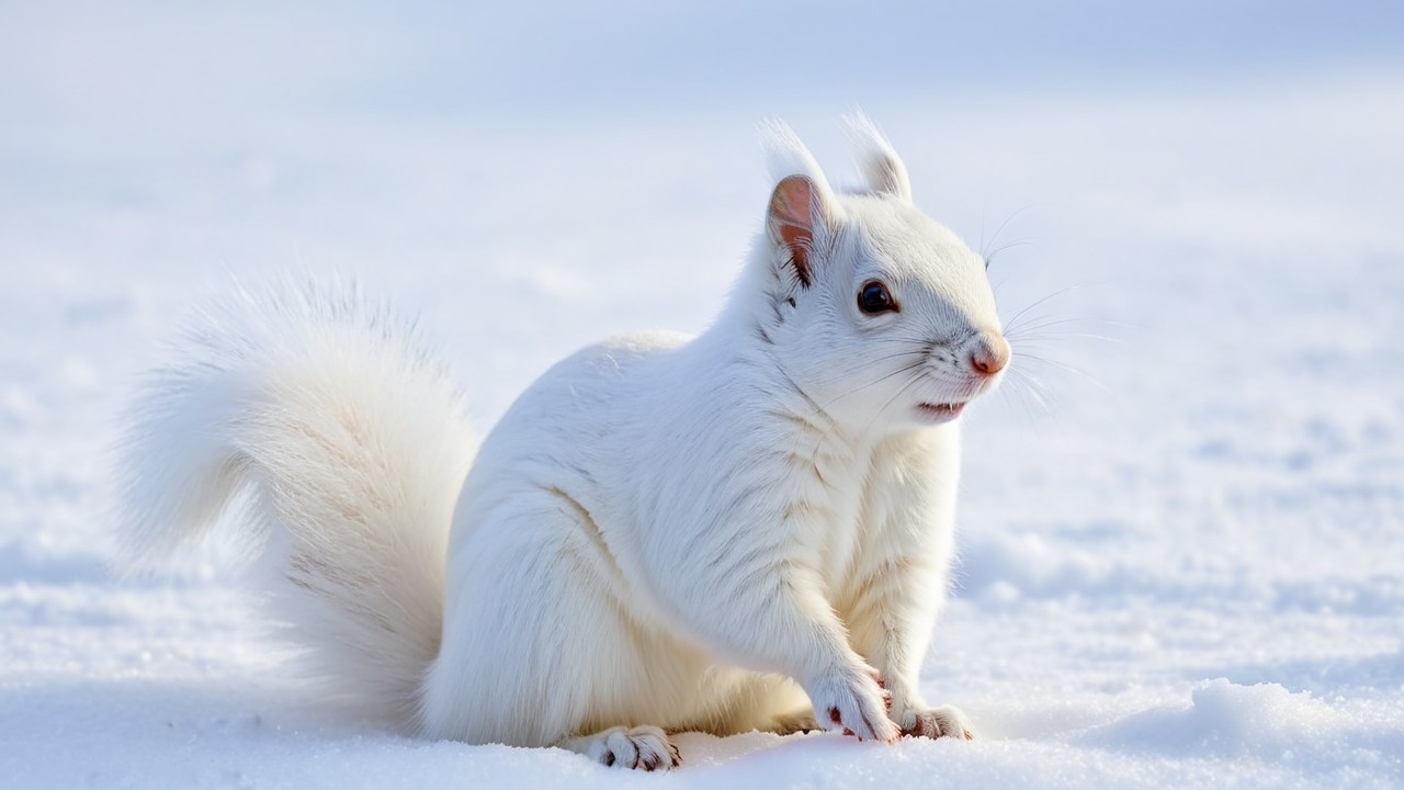White Squirrel on Snowy Landscape in Winter Sunlight