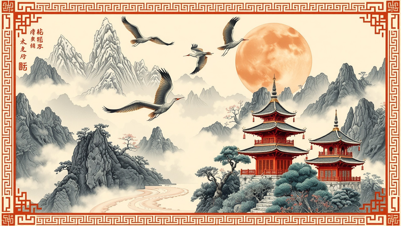 Serene Landscape with Pagoda and Mountains at Night