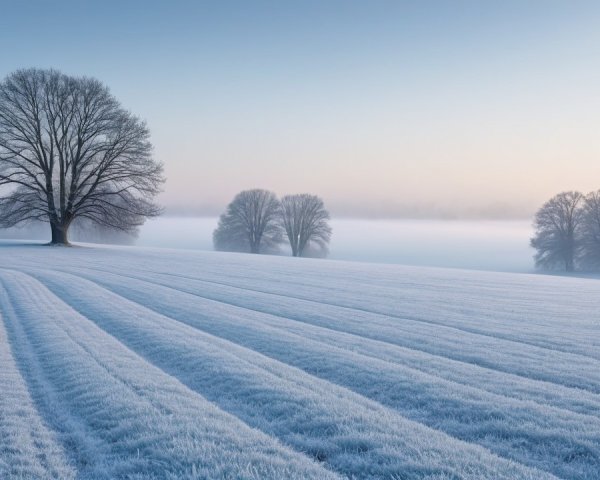 Winter Landscape with Frosted Crops and Pastel Sky