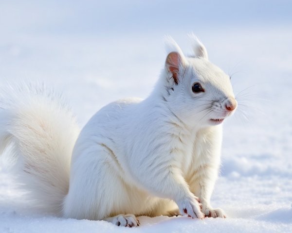 White Squirrel on Snowy Landscape in Winter Sunlight