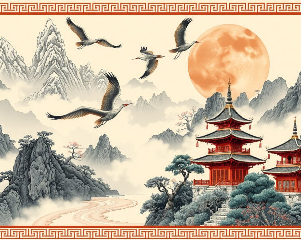Serene Landscape with Pagoda and Mountains at Night