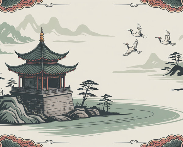 Traditional Asian Pagoda by Tranquil River Landscape