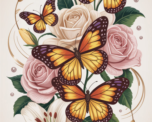 Detailed Floral Arrangement with Butterflies and Swirls