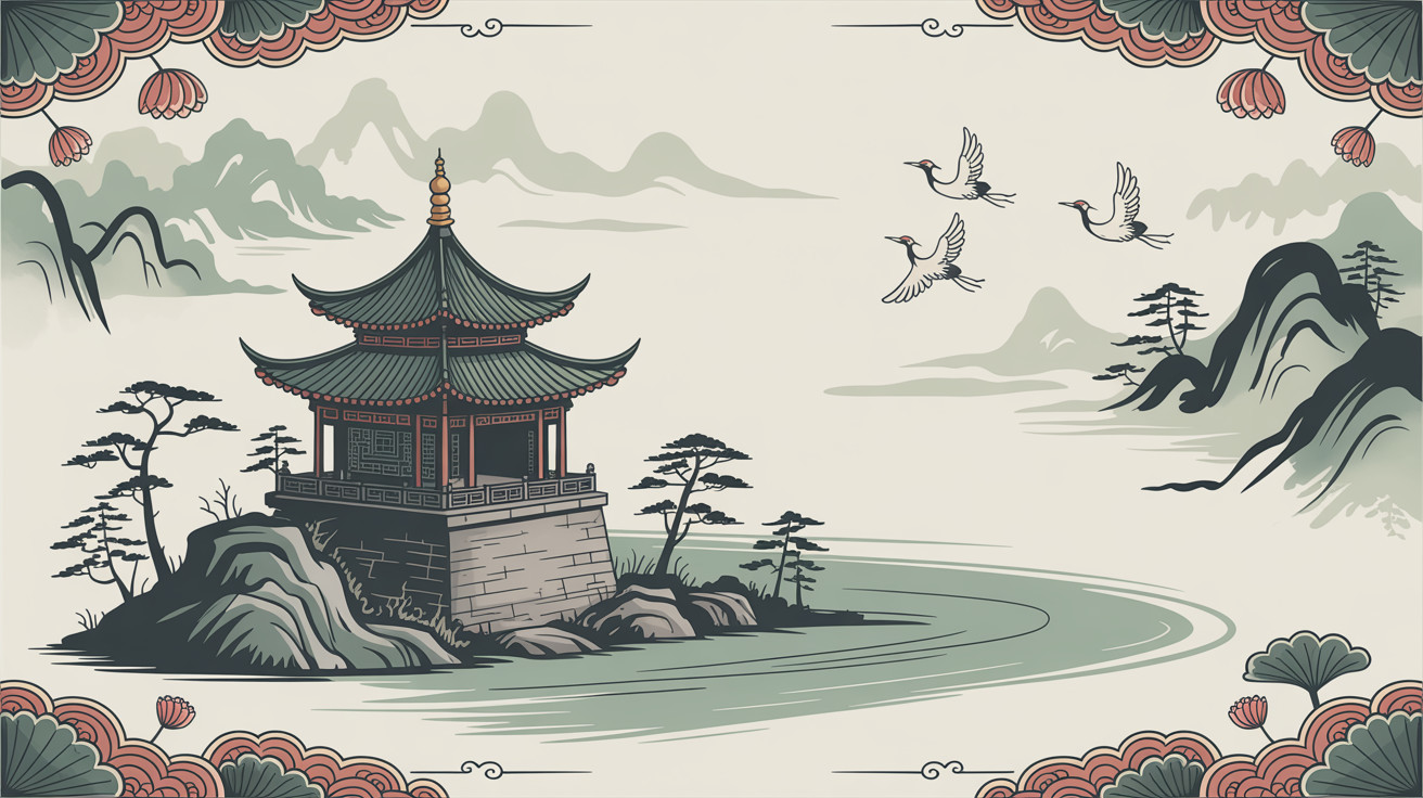 Traditional Asian Pagoda by Tranquil River Landscape
