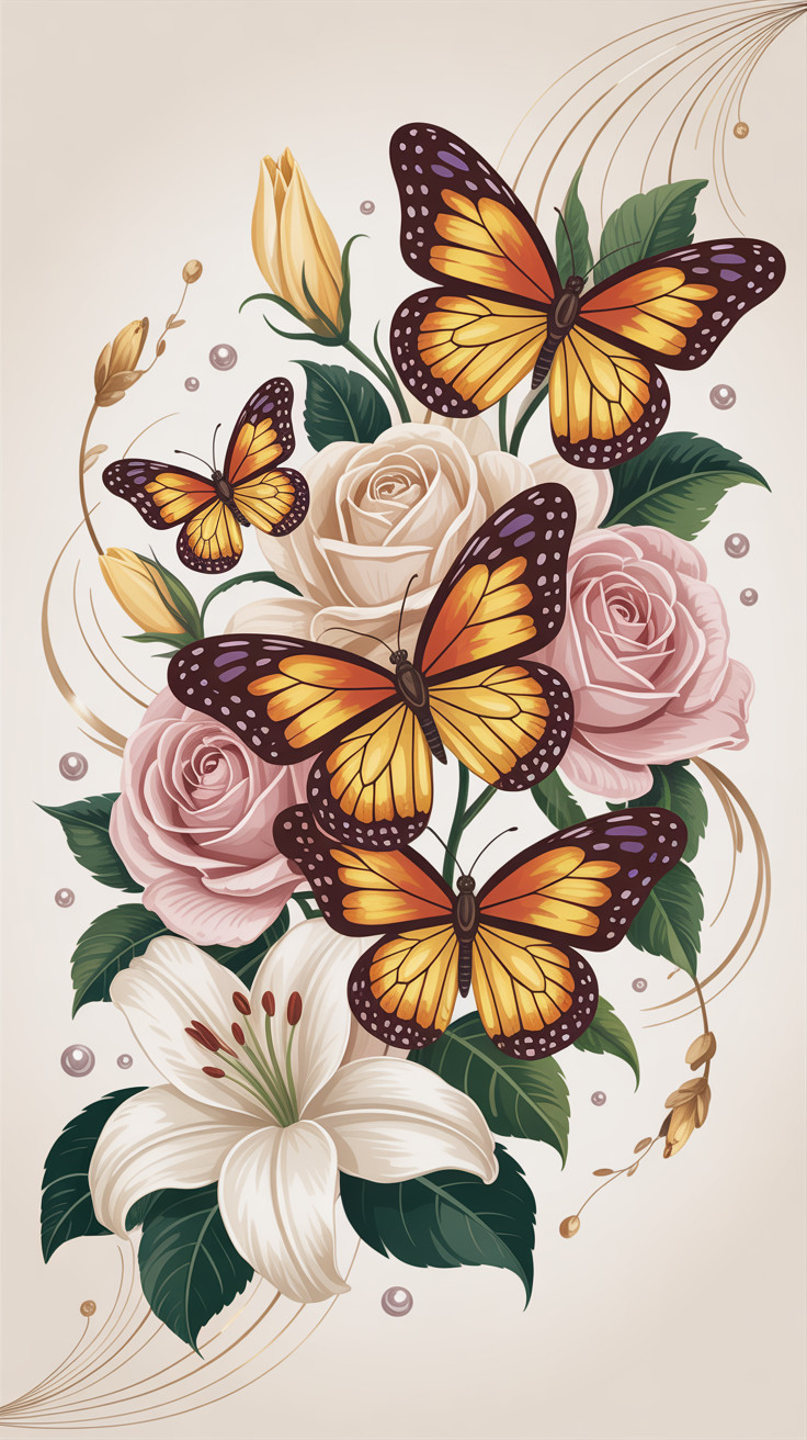 Detailed Floral Arrangement with Butterflies and Swirls