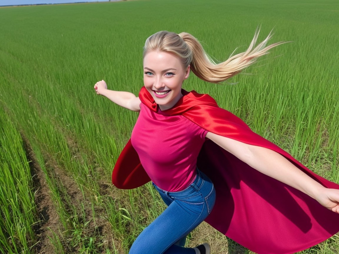 Joyful Young Woman in Red Cape on Green Field