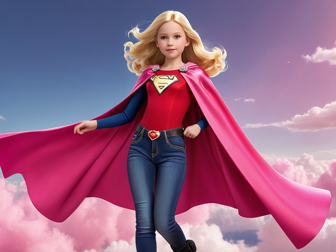 Young girl in vibrant superhero outfit with cape