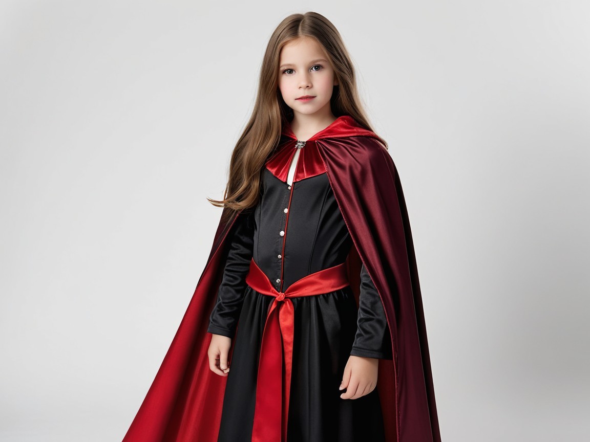 Young girl in black dress with red satin cape