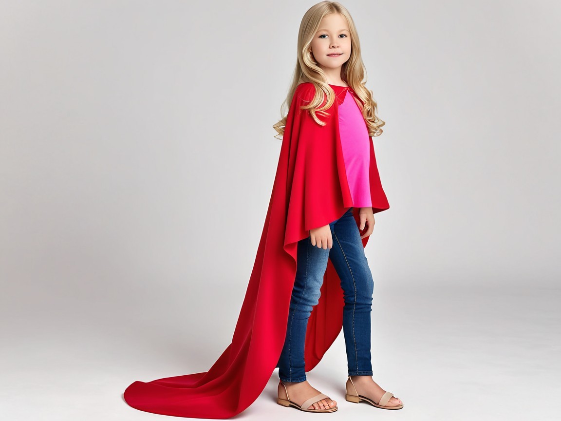Young girl in pink top and red cape with jeans