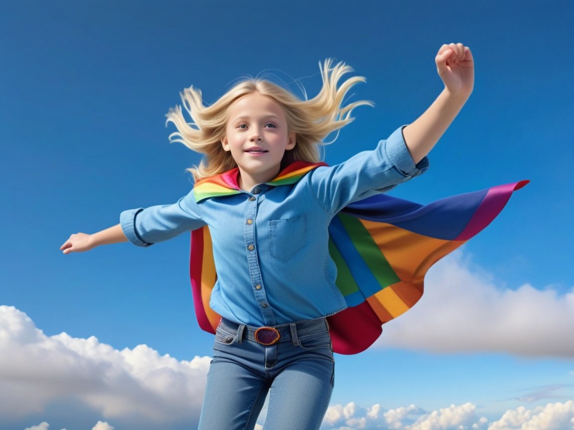 Young girl in rainbow cape against blue sky