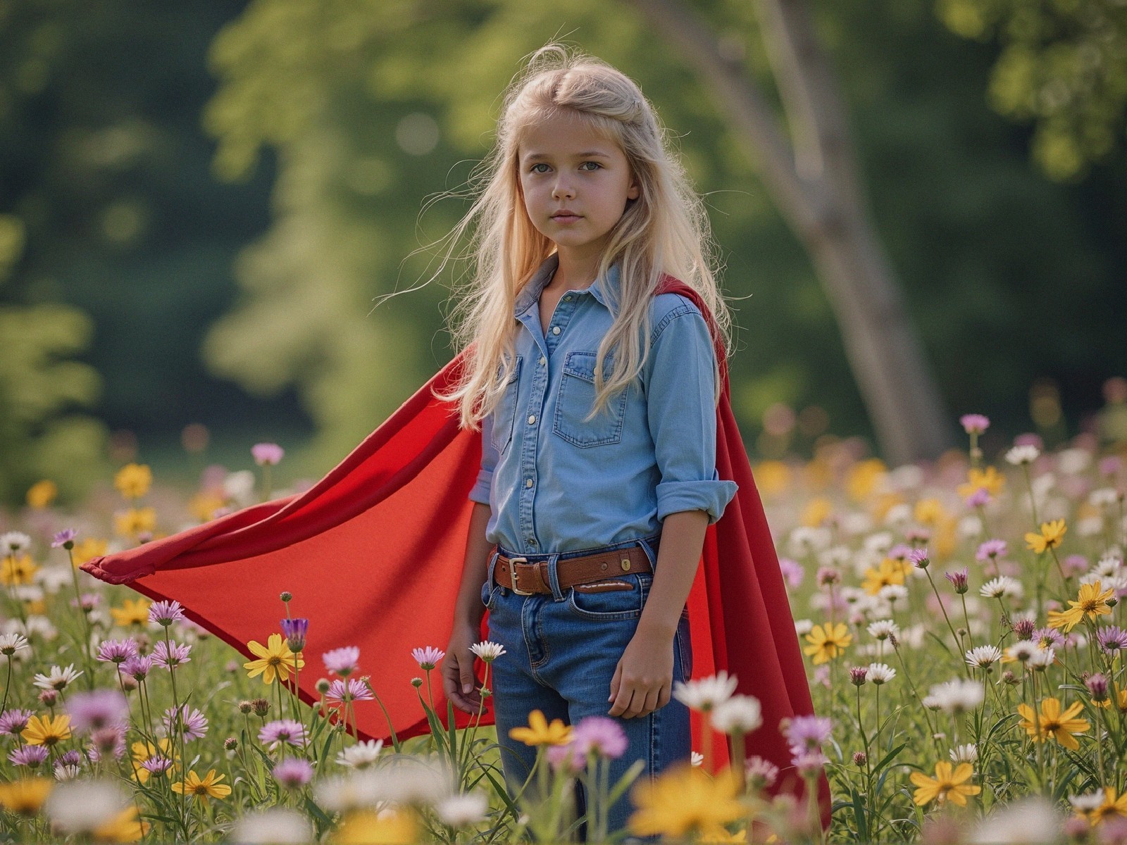 Young girl in wildflower field with superhero cape