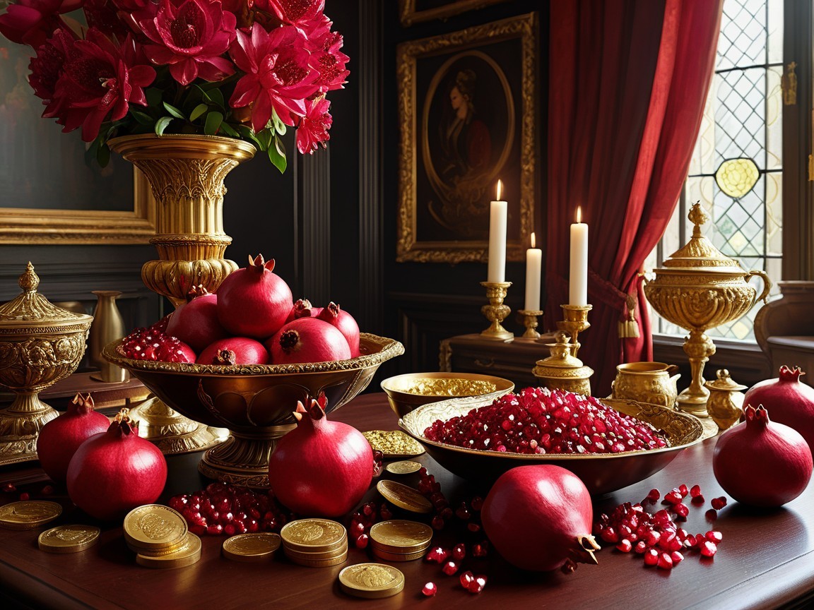 Lavish Feast of Pomegranates and Gold Coins Display