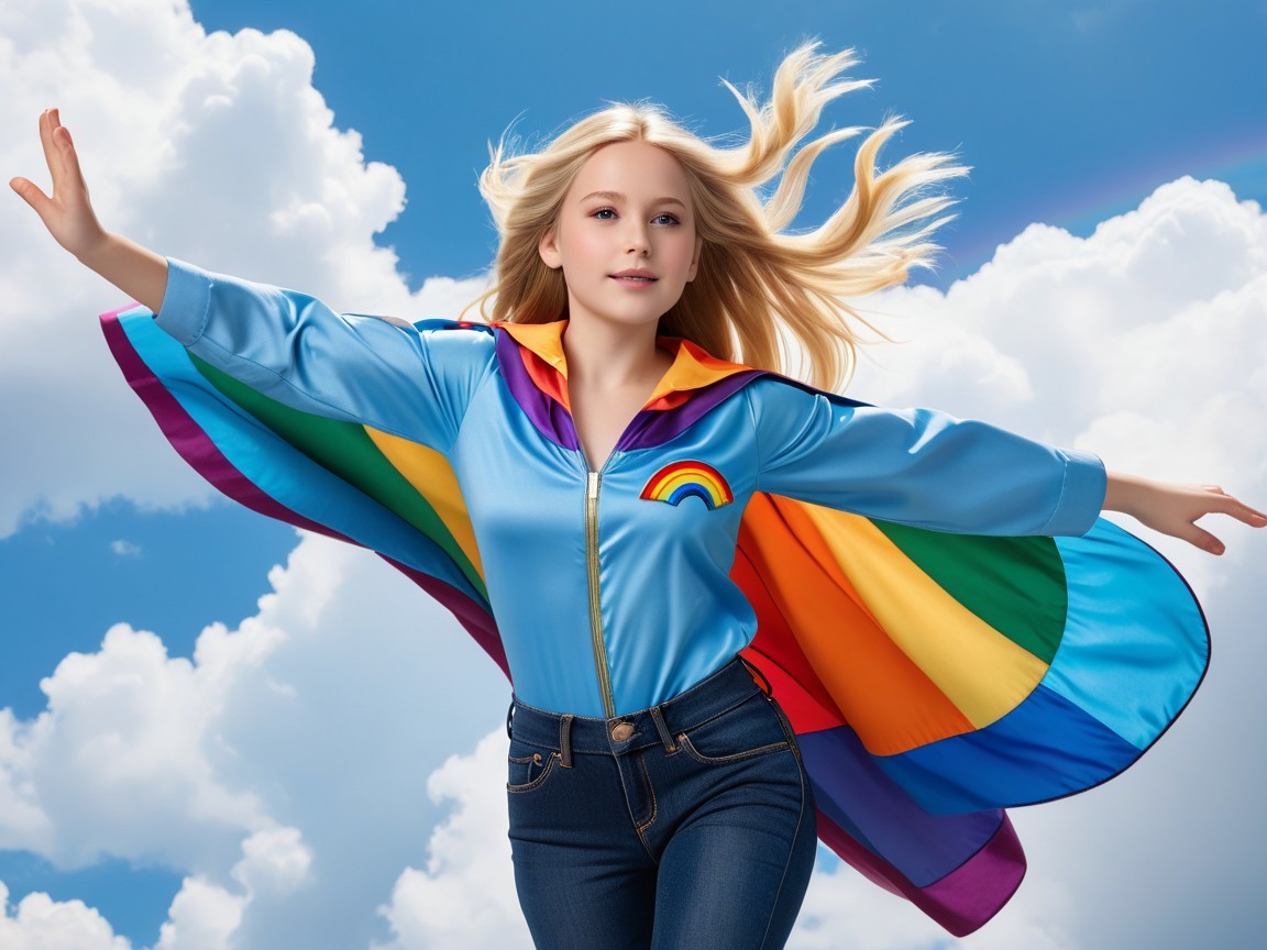 Young girl in blue jacket with rainbow design outdoors
