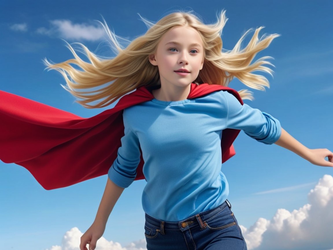Young girl in blue shirt and red cape against sky