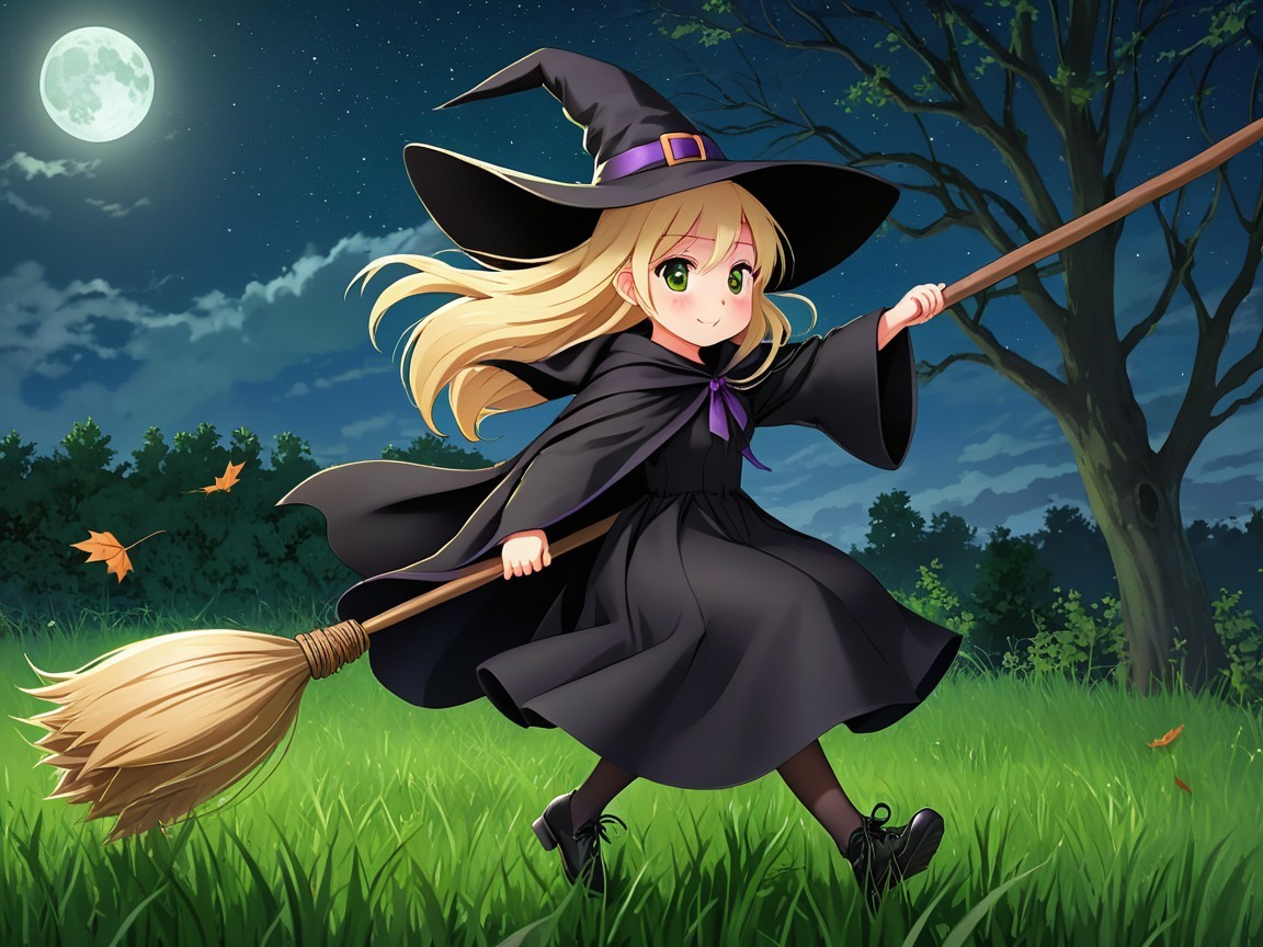 Young witch flying over a field under a full moon