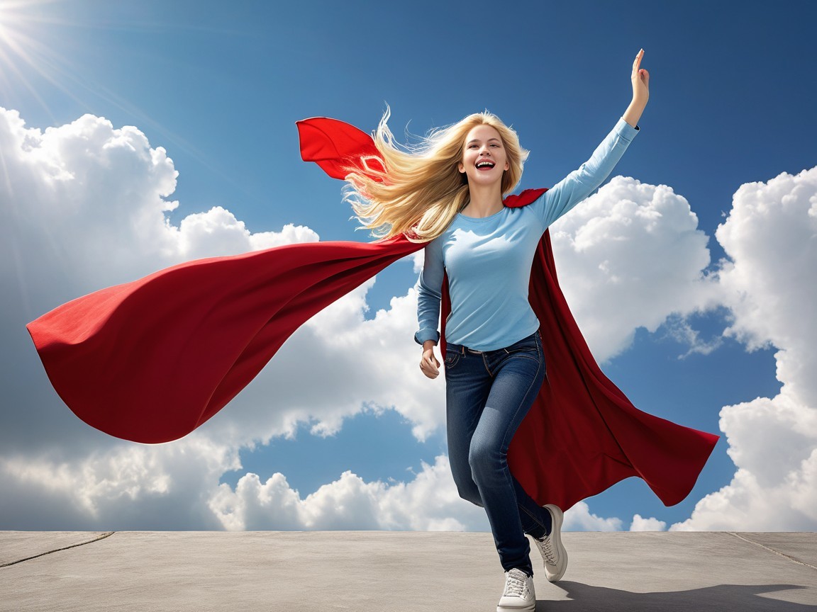 Joyful woman in blue sky with flowing red cape