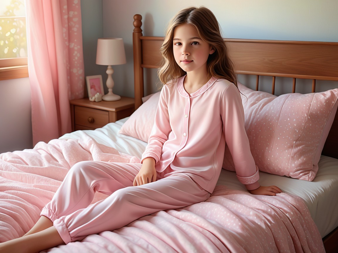 Young girl in cozy pink pajamas on a bed