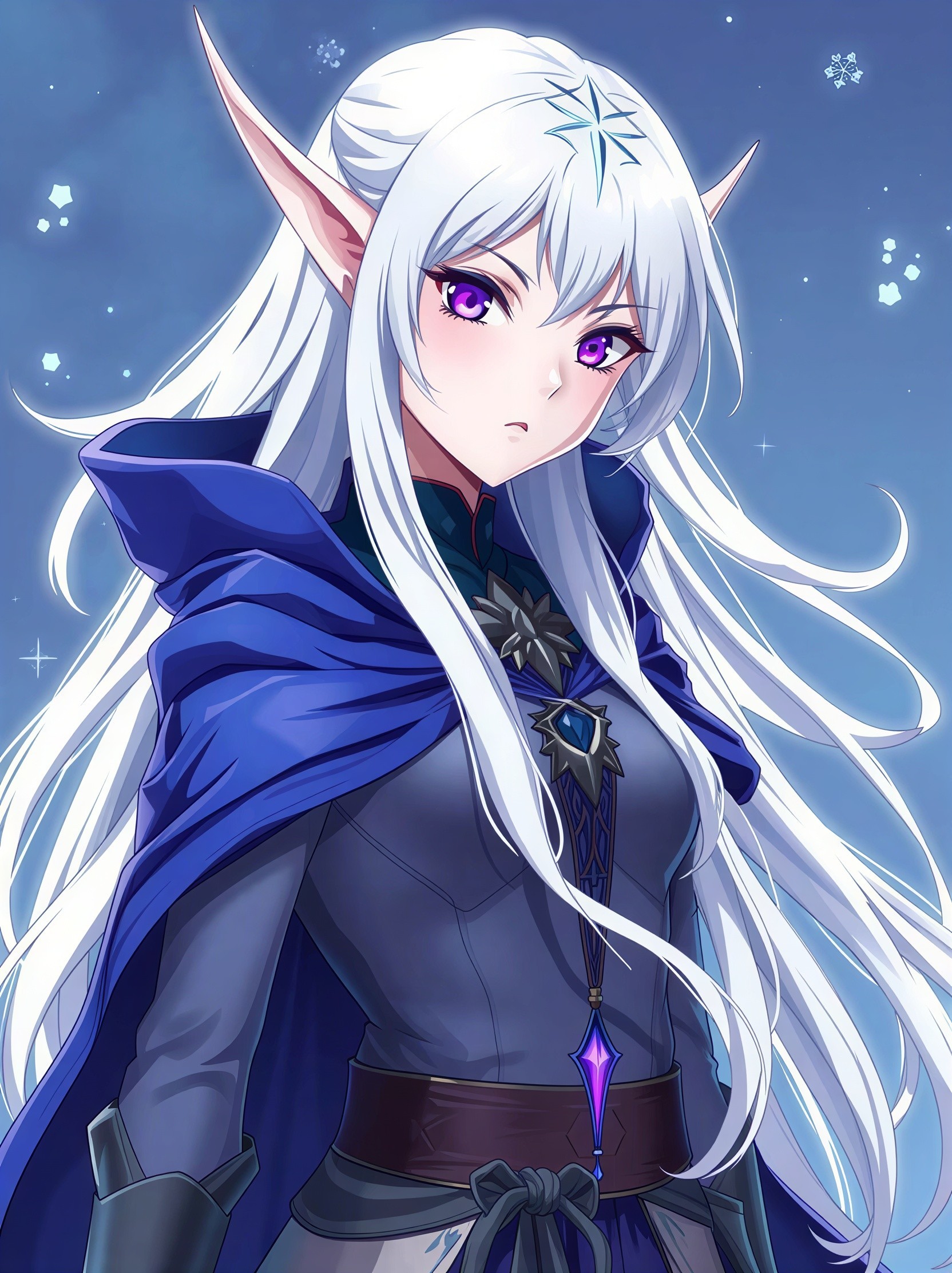 Fantasy anime girl with white hair and purple eyes