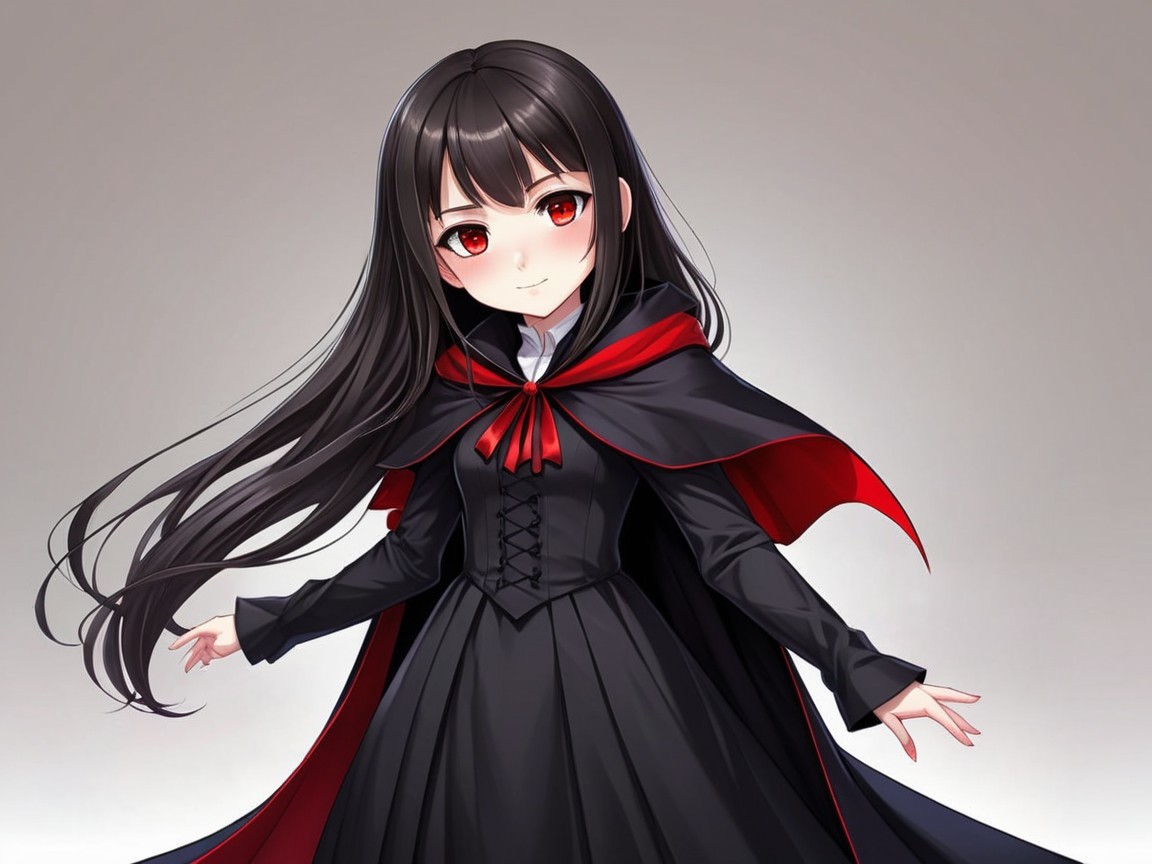 Young girl in black dress with red-lined cape