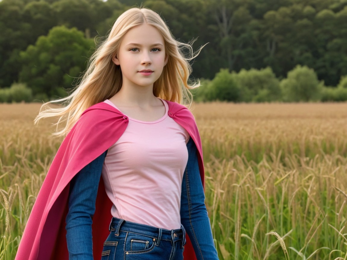 Young girl in golden field with flowing pink cape