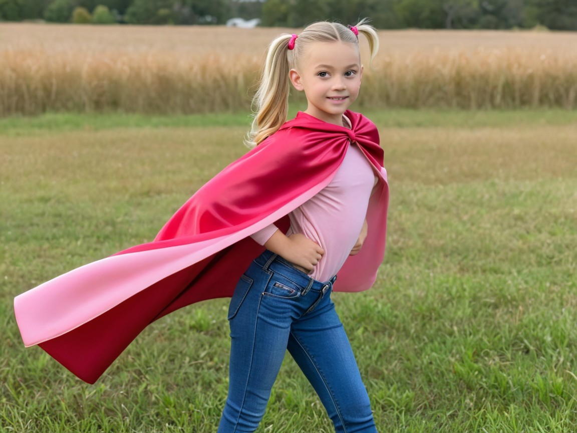 Young girl in pink cape poses in grassy field