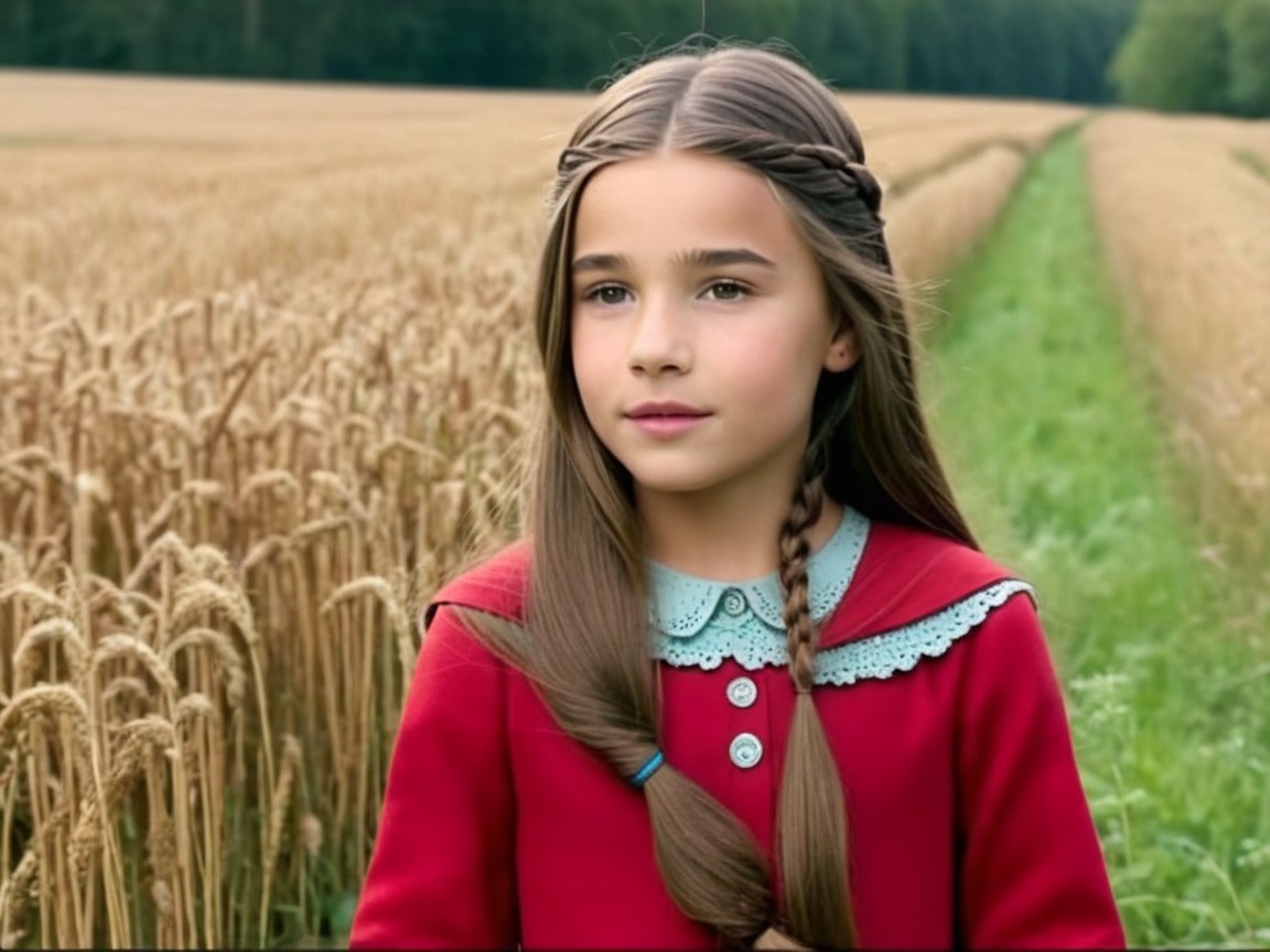 Young girl in red dress in golden wheat field