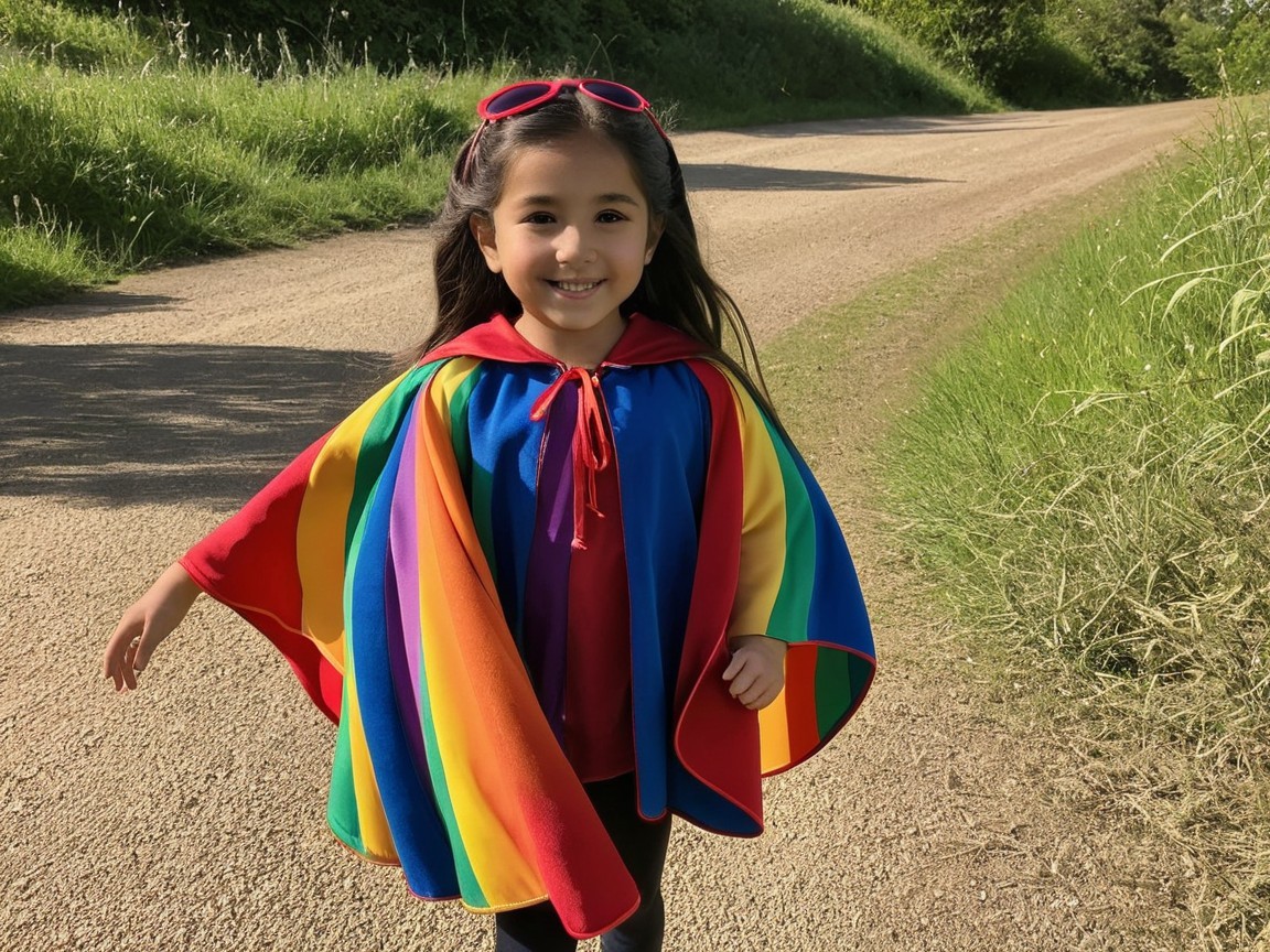Young girl in rainbow cape walking on gravel path