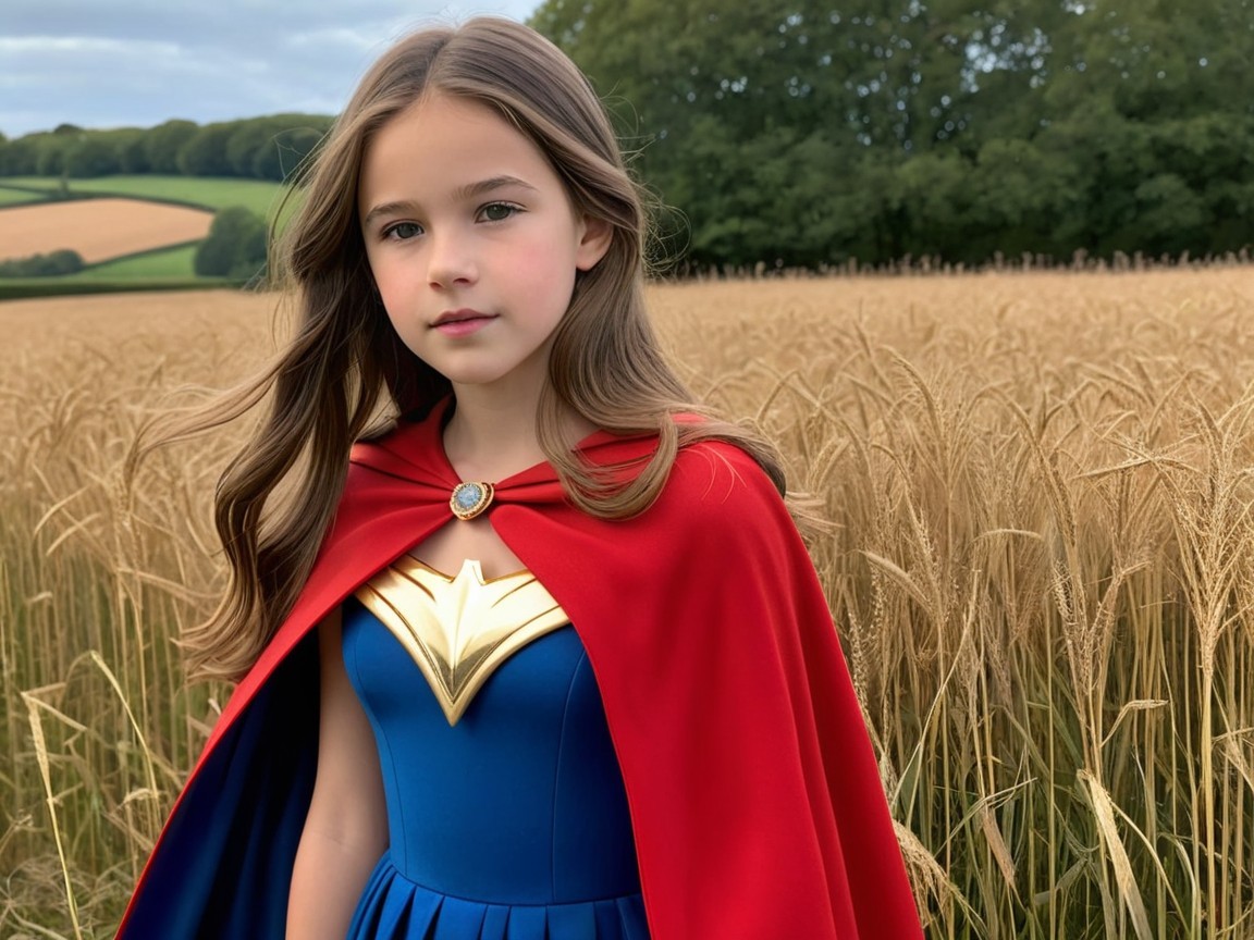 Young girl in blue dress and red cape in wheat field