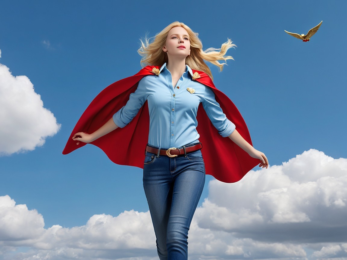 Young Woman in Red Cape with Bird and Clouds