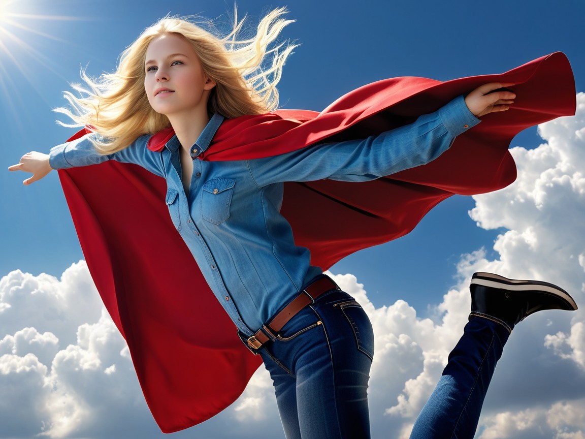 Young woman in red cape flying through blue sky