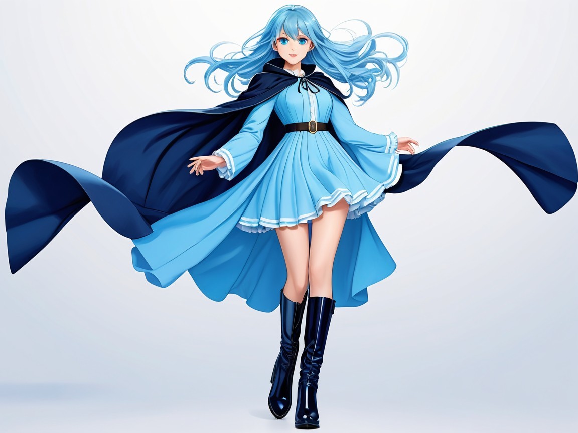 Young woman in blue attire with flowing hair and cloak