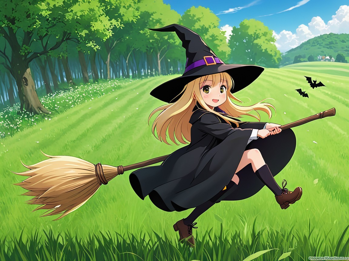 Cheerful young witch flying on broomstick in landscape