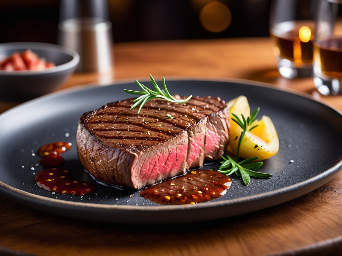 Close-Up of Medium-Rare Steak with Sides and Sauce