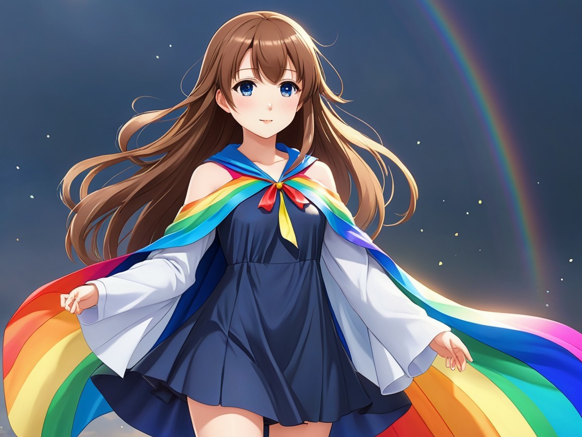 Young girl in dark-blue dress with rainbow cape