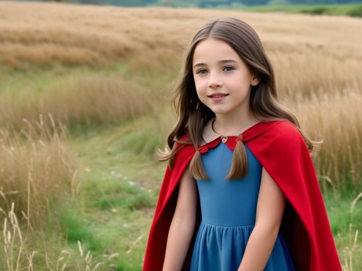 Young girl in blue dress and red cape in golden field