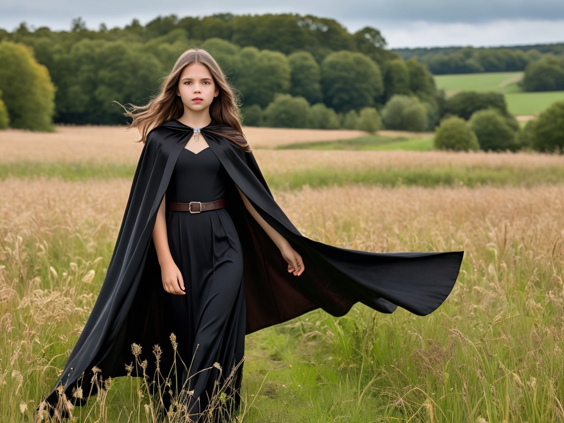Young woman in black cloak walks through golden field