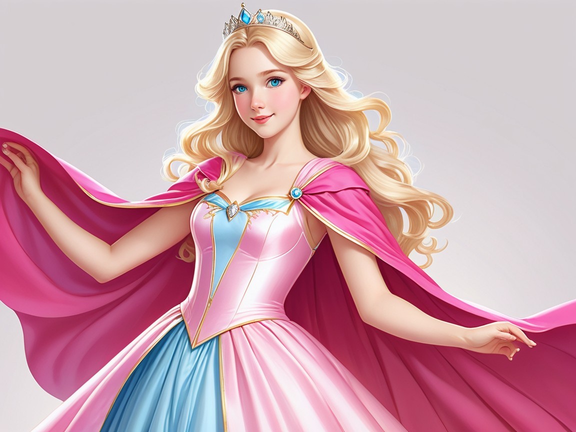 Young princess in pink and blue gown with crown