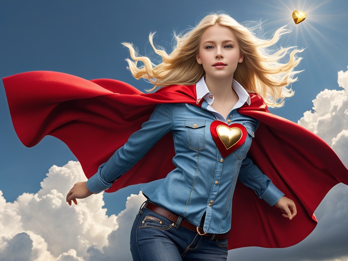 Young superhero girl flying in a bright sky setting