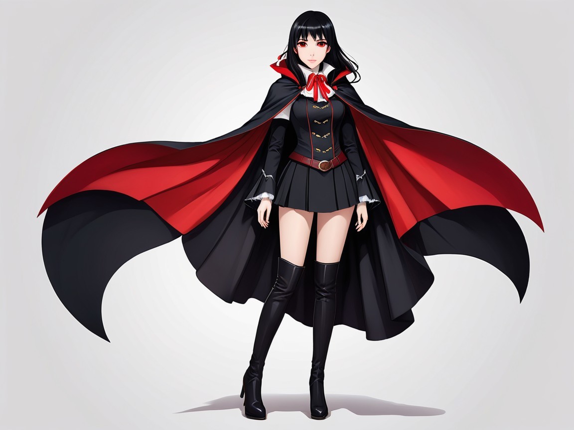 Dramatic Black and Red Outfit with Flowing Cape