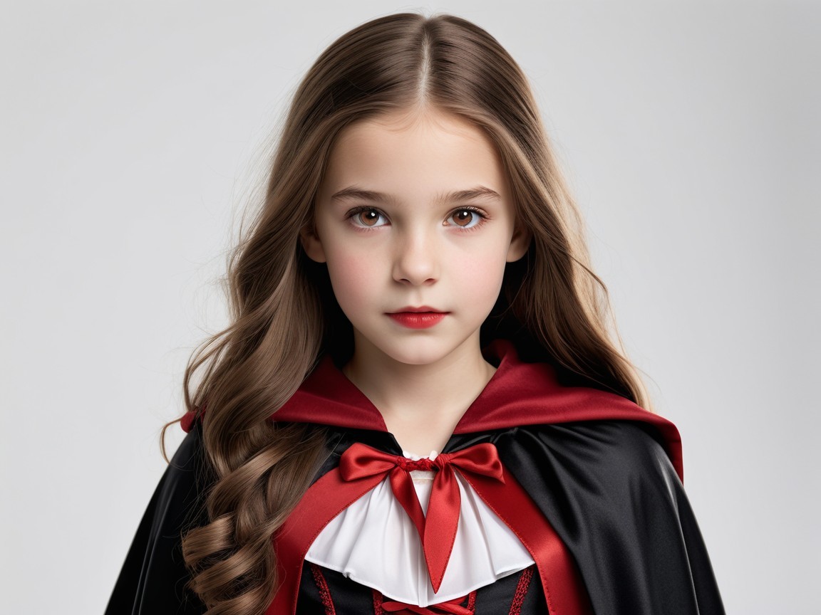 Young girl in classic vampire costume with cape