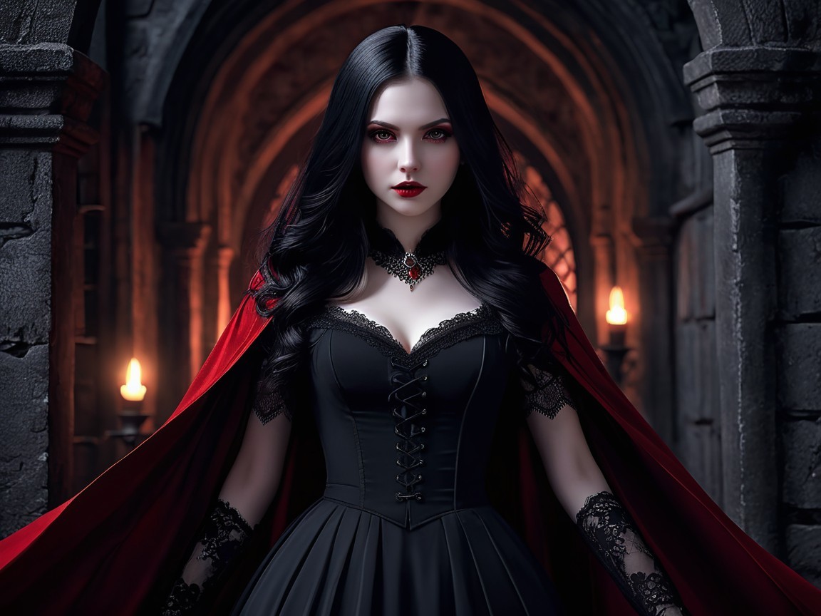 Gothic Scene with Mysterious Woman in Elegant Attire