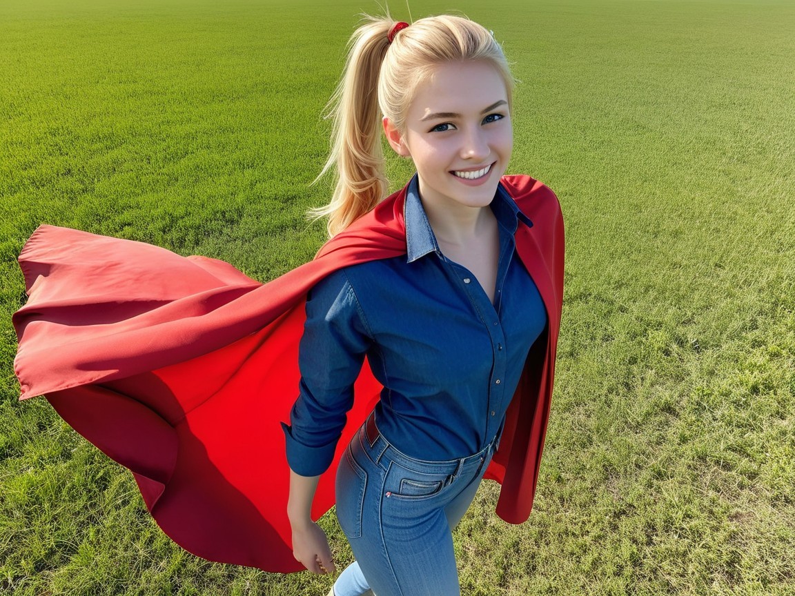 Young woman in denim and cape in green field