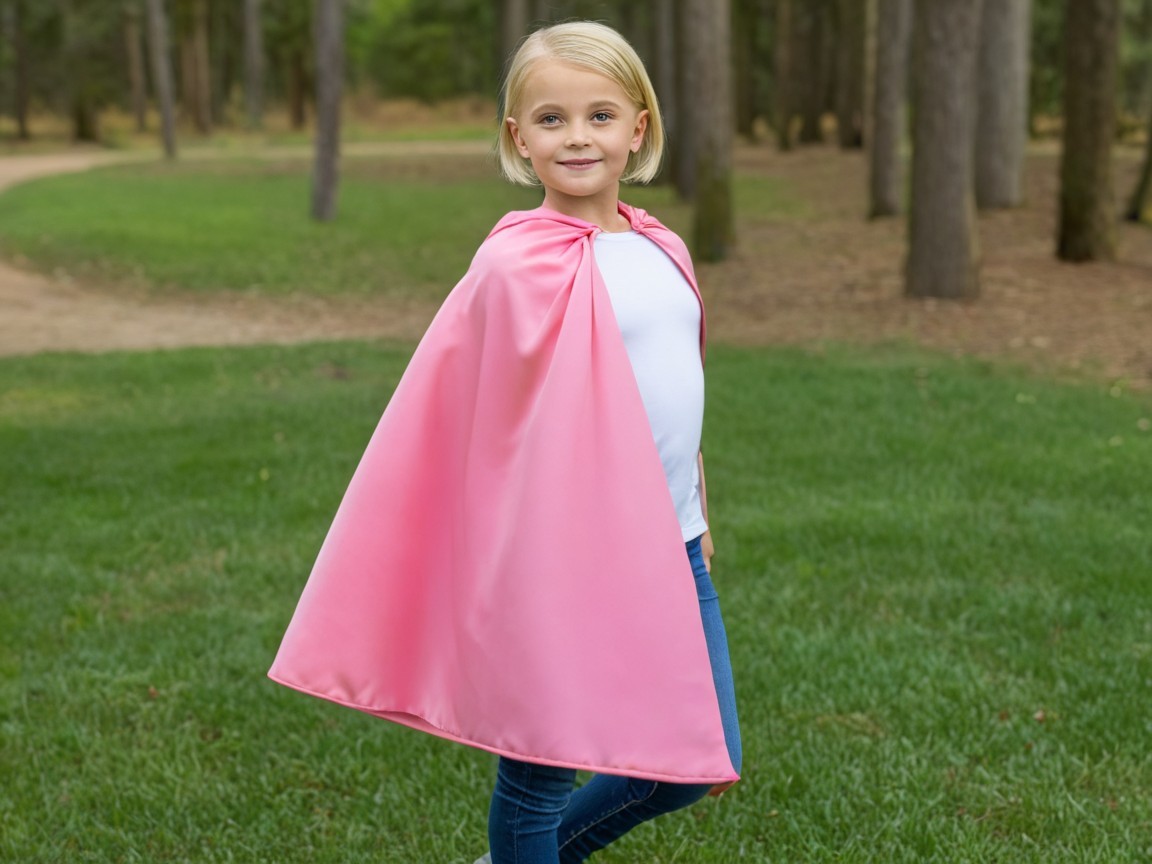 Child in Pink Cape Smiling in Green Park Setting